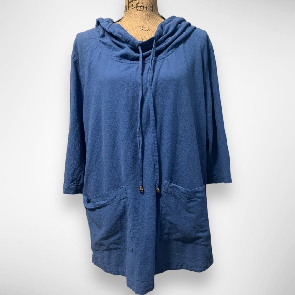 SOFT SURROUNDINGS 100% Cotton Blue 3/4 Sleeves Hooded Shirt W/ Pockets |‎ EUC